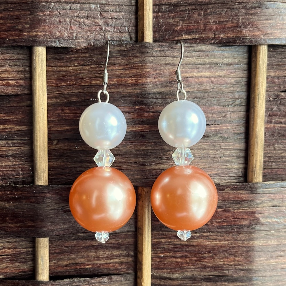 White and Orange Pearl Drop Earrings
